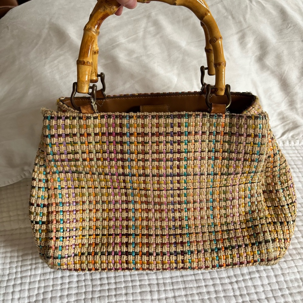 Fossil Woven Handbag with Bamboo Handles (SEE DESCRIPTION)